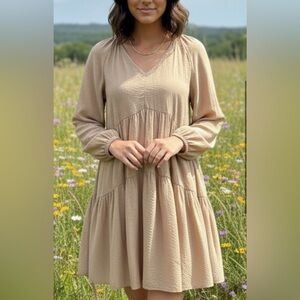H&M Beige Lyocell Blend V Neck Long Sleeve Tiered Mini Shirt Dress Size XS